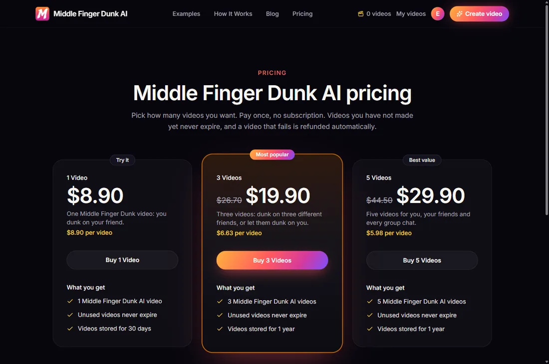 Middle Finger Dunk AI video packs on the pricing page
