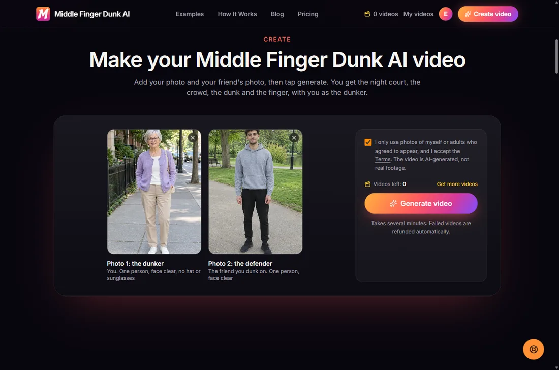 Two photos added to the Middle Finger Dunk AI generator