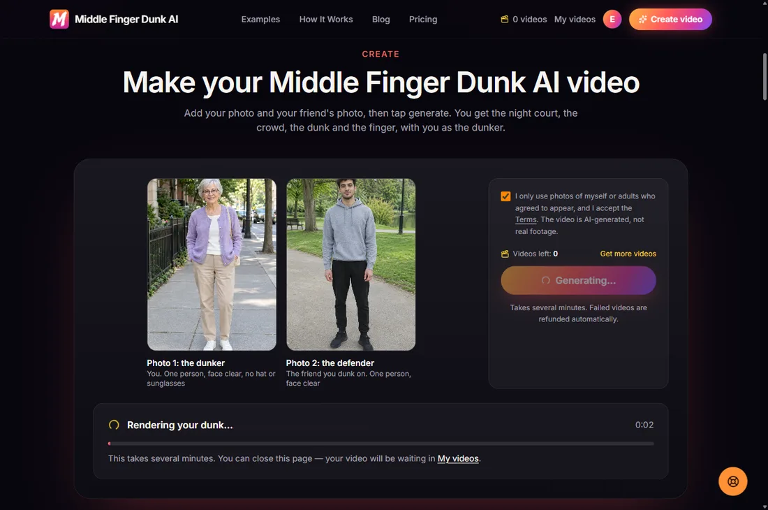The generator while a Middle Finger Dunk AI video is rendering